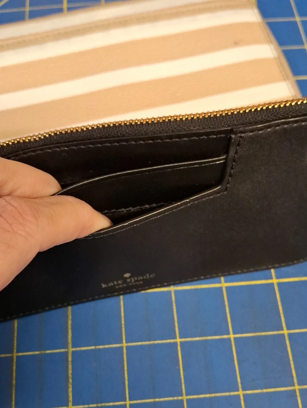 Kate Spade Camel White Striped Zip Wallet & Removeable Card Holder.